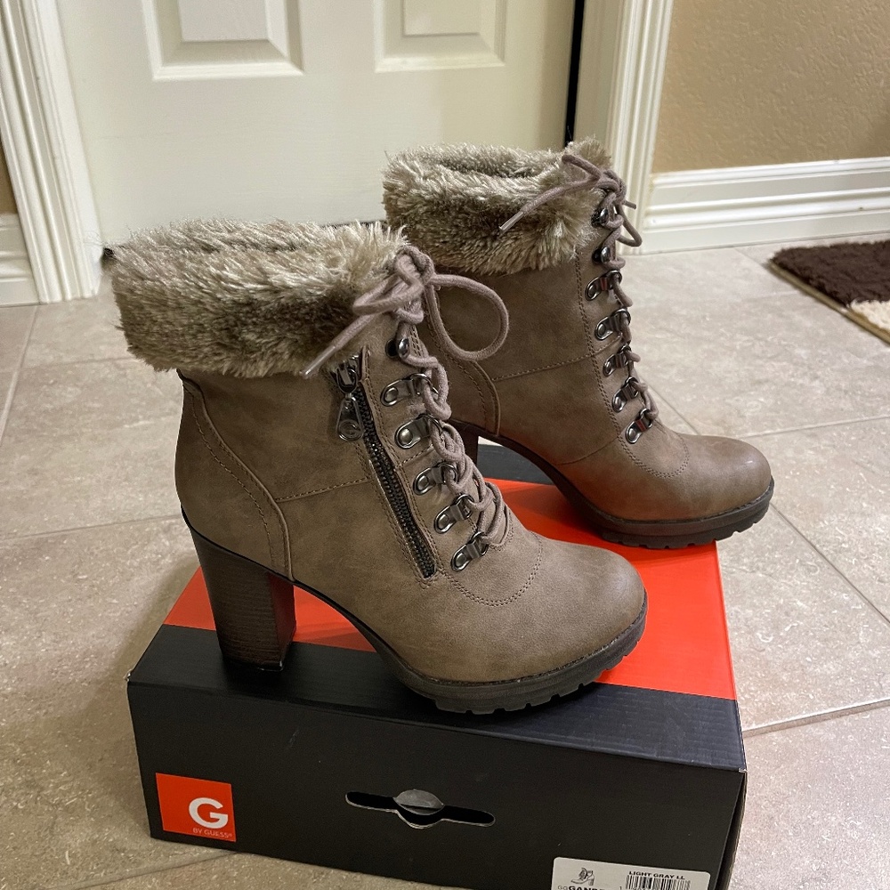 G by Guess Gander Gray Brown Faux Suede w Top Faux Fur Trim Heeled Boots